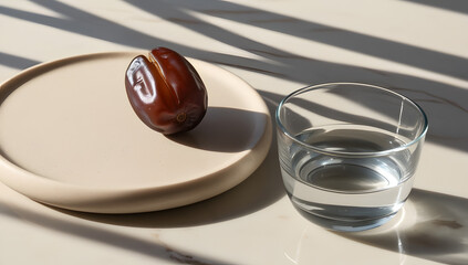 Minimalist Still Life: Single Date and Clear Glass of Water on Sunlit Marble Surface