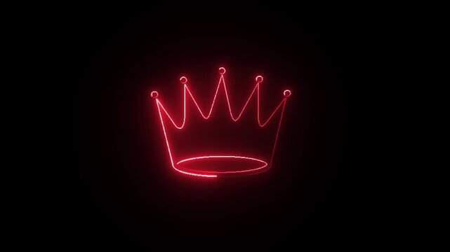 Abstract crown icon 4k animation with neon line frame. Neon Luxury crown outline on black background, glowing border looping king queen crown symbol.