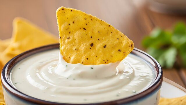 A corn tortilla chip dips into a bowl of creamy white sauce with green herbs. The macro shot highlights the crunchy texture and smooth dip, set against a warm, blurred wooden background. Delicious.