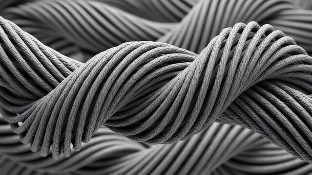 Close up of twisted gray rope fibers showing intricate texture and detail.