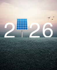 2026 white text with solar cell on green grass field over aerial view of cityscape at sunset, vintage style, Happy new year 2026 green ecology and saving energy concept