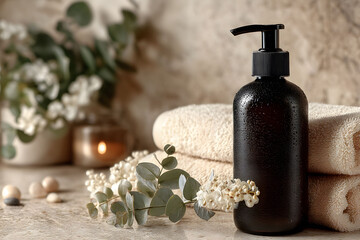 Luxurious spa setup featuring a sleek black skincare bottle, beige towels, and fragrant eucalyptus. a warm candle glow enhances the serene ambiance, perfect for a relaxing retreat or wellness theme. G