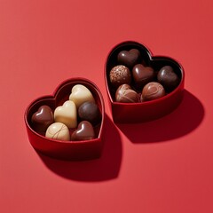赤い背景にチョコレートが入った2つのハート型の箱に