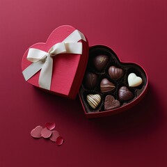 赤い背景にハート型の箱に入ったチョコレート