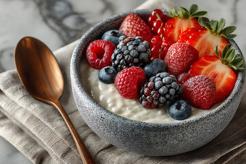 A rustic bowl filled with creamy oats, topped with fresh strawberries, raspberries, blackberries, blueberries, and redcurrants. presented on a beige linen cloth, accompanied by a bronze spoon on a mar