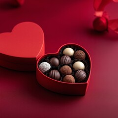 赤い背景にハート型の箱に入ったチョコレート