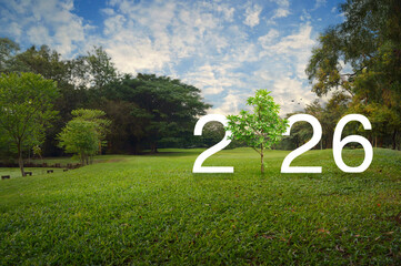 2026 white text with growing tree on green grass field in park, Happy new year 2026 ecological cover concept