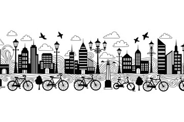 Fototapeta premium Decorative seamless black and white city pattern featuring urban skyline, streetlights, and bicycles, perfect for modern graphic design projects and contemporary backgrounds