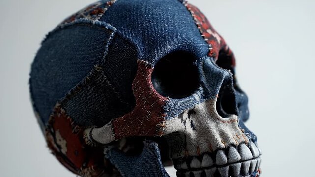 Artistic Skull Sculpture with Denim and Bead Embellishments Against a Clean White Background