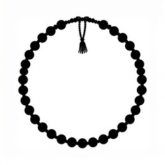 Obraz premium Circular arrangement of black prayer beads with a tassel on a white background creating a spiritual and meditative symbol