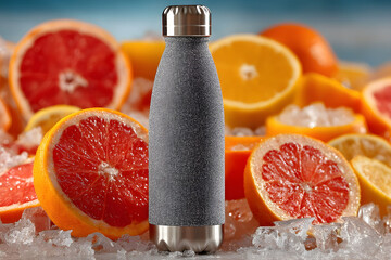 Insulated bottle on ice, surrounded by fresh citrus fruits including grapefruits and oranges, against a blurred blue background. emphasizes refreshment, hydration, and vibrant summer lifestyle themes.