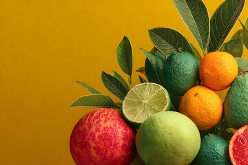 A vivid arrangement of citrus fruits, including oranges, limes, and grapefruits, accompanied by lush green leaves set against a bold yellow backdrop. perfect for summer-themed design and culinary-rela