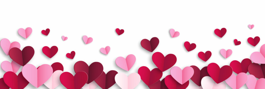 Background with flying paper cut hearts for card decoration. Love border. Red and pink hearts frame