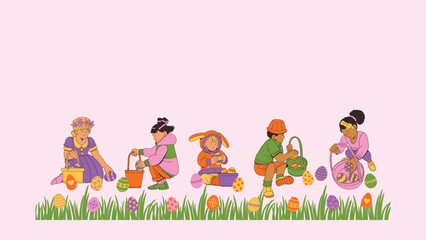 Purple Pink Yellow Colorful Easter Egg Hunt Presentation, cartoon, vector, illustration, children, love, child, baby, card, kids, fun, flower, frame, bear, animal, family, design, greeting, people, gr