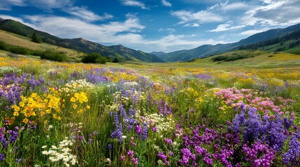 Obraz premium Vibrant wildflower meadow stretches towards distant mountains under a blue sky with clouds