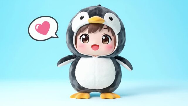 Adorable 3D animated chibi child in penguin costume showing love