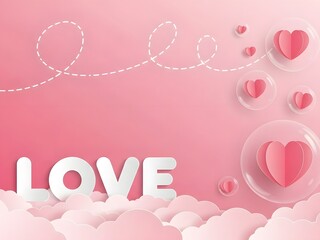 A pink background with the word love and hearts in bubbles