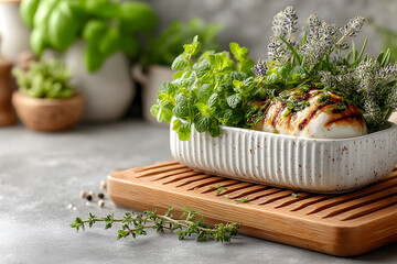 White burrata cheese garnished with fresh herbs including mint and lavender, presented in a ceramic dish on a wooden board. the composition includes blurred greenery in the background, creating a rust