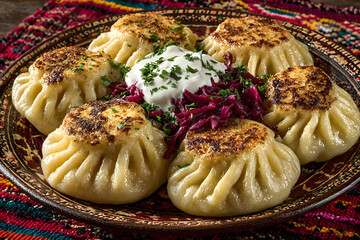 A flavorful serving of handmade dumplings, golden-brown and garnished with fresh herbs, encircles a dollop of sour cream and vibrant pickled cabbage. presented on a rustic plate atop a colorful textil