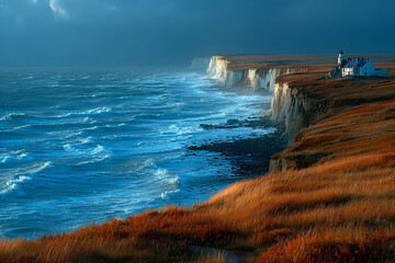 Dramatic coastal scenery featuring towering cliffs and a solitary lighthouse overlooking a turbulent sea under an early morning sky. the foreground is filled with golden grass, contrasting with the de