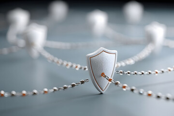 Network security visualization featuring a central shield symbol connected by chain links, illustrating digital protection. ideal for cybersecurity themes, showcasing data safeguarding and information