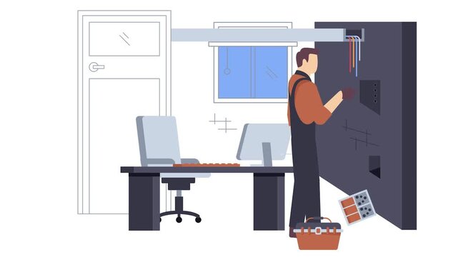 technician managing it infrastructure at workplace animation, structured cabling maintenance animated video, Electrician Profession Clip, Low Voltage Power Supply footage, Handyman Repairman motion