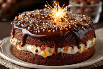 A decadent chocolate cake adorned with glossy ganache, vibrant sprinkles, and filled with a creamy layer. a lit sparkler on top adds a touch of celebration, perfect for festive occasions or dessert in