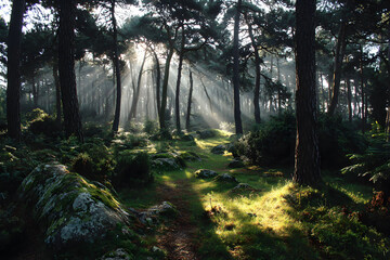 Rays of morning sunlight filter through a dense forest canopy, illuminating a tranquil path surrounded by lush greenery and moss-covered rocks. the serene atmosphere evokes a sense of peace and connec