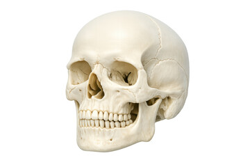 Obraz premium Human skull bone structure showing detailed anatomy with empty eye sockets and teeth on transparent background