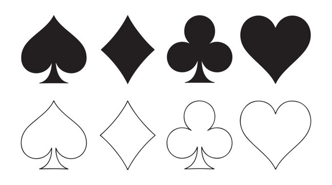 Playing card suits vector set featuring spades diamonds clubs and hearts in both solid black and outline styles