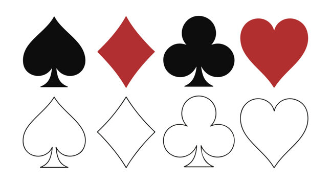 Playing card suits symbols spades diamonds clubs hearts solid and outline graphic elements vector illustration