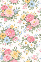 VintageRomanticRoseAndDaisyBouquetSeamlessPattern