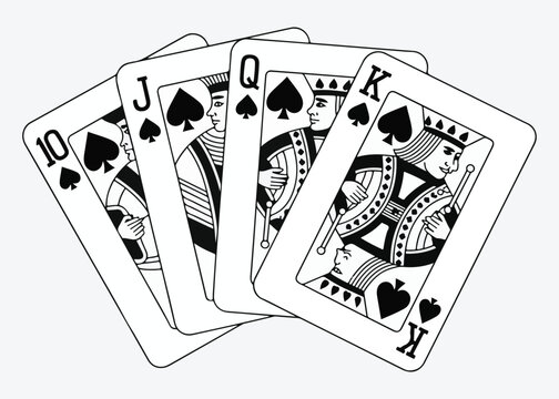 Playing cards ten jack queen king illustration royal flush poker hand of spades monochrome line art vector graphic