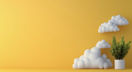 Decorative yellow wall with clouds and a plant in a pot creating a cheerful atmosphere