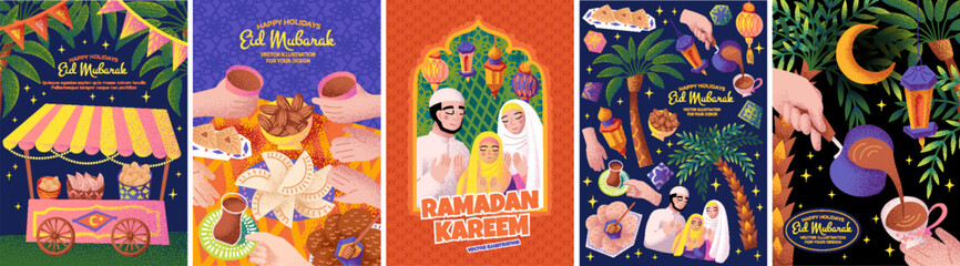 Ramadan Kareem and Eid Mubarak. Cute vector illustrations of a Muslim family praying, iftar food, lanterns, a crescent moon, palm trees, and tea drinking for a greeting card, poster, invitation, backg