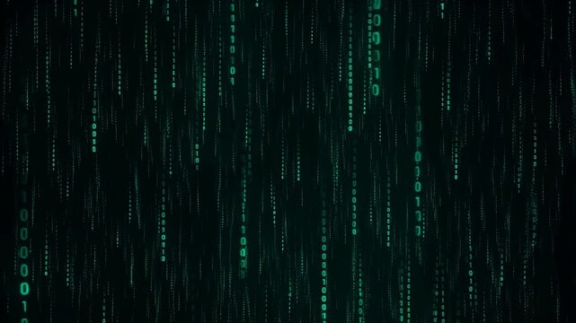 Abstract digital binary code rain animation. Represents data flow, technology, and the digital world in a visually striking manner