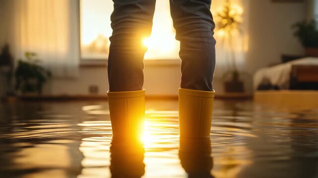 Person stands in a flooded room wearing yellow boots as sunlight shines through the window in the evening, having problem with a leaky roof during a heavy rain