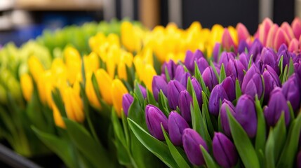 Close-up of vibrant purple and yellow tulips in a bright garden display, fresh petals and green stems. bright