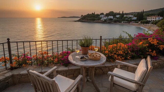 A romantic seaside terrace at sunset with a table set for coffee and pastries, overlooking calm waters and a charming coastal town.