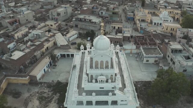 Aerial view of a beautiful white gurdwara in pakistan