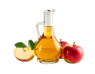 A glass pitcher filled with golden liquid, flanked by red apples and a sliced apple