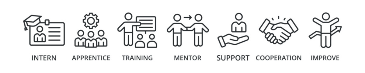 Trainee banner icon with intern, apprentice, training, mentor, support, cooperation, and improve