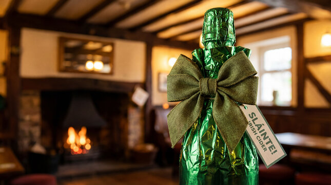 Green Irish cider bottle with bow celebrating St Patrick's Day in a pub