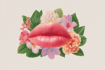 Blooming Kiss: A captivating illustration of a pair of luscious lips, surrounded by a vibrant arrangement of flowers. A perfect harmony of nature's beauty and human expression. 