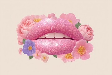 Glamorous Floral Lips: Sparkling pink lips, adorned with a delicate array of pink and purple flowers, exuding beauty, femininity, and a touch of glamour.