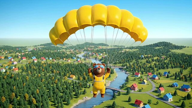 Animated bear skydiving with yellow parachute over scenic town