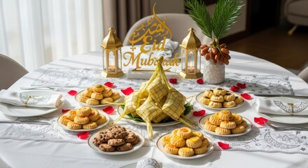 A beautifully set table with traditional Middle Eastern or South Asian sweets and snacks, decorated with lanterns and a 'Eid Mubarak' sign, indicating a festive celebration.