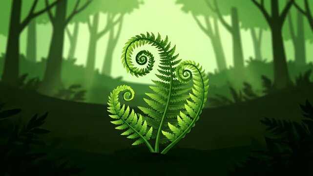 Animated Green Fern Leaves Growth Unfurling in Dark Forest