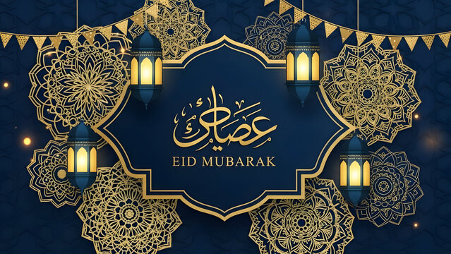 Elegant Eid Mubarak greeting card design with golden mandalas, lanterns, and Arabic calligraphy on dark blue background
