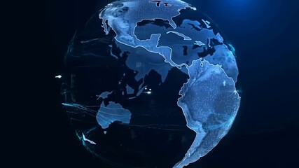 Rotating digital globe showcasing interconnected continents and data streams. Represents global connectivity, technology, and information exchange - Powered by Adobe